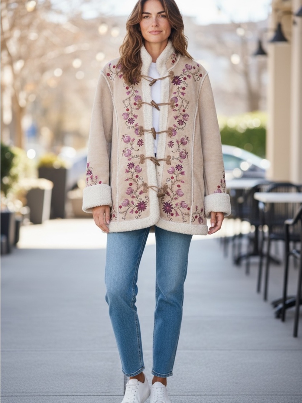 St.. John's Bay Beige phoebe styleJacket with Pink Floral Embroidery